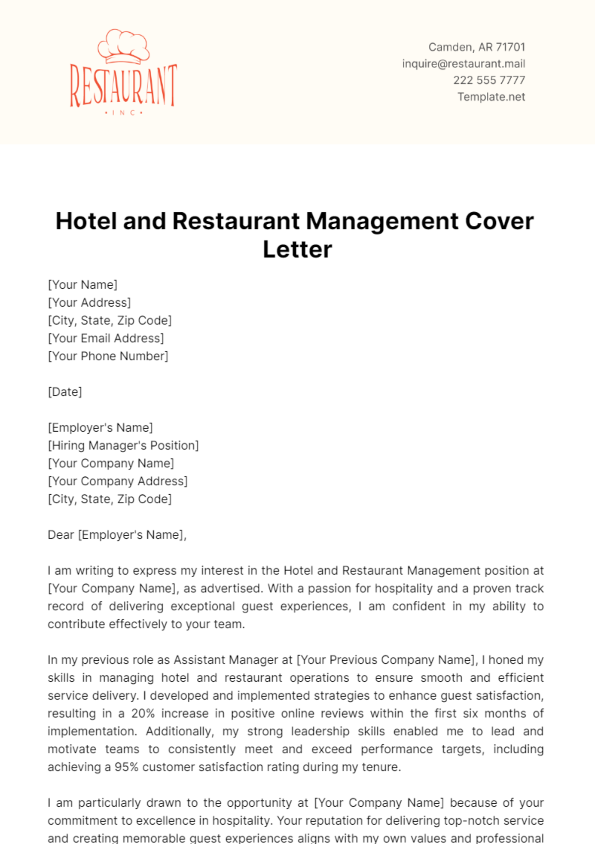 Hotel And Restaurant Management Cover Letter Template - Edit Online & Download