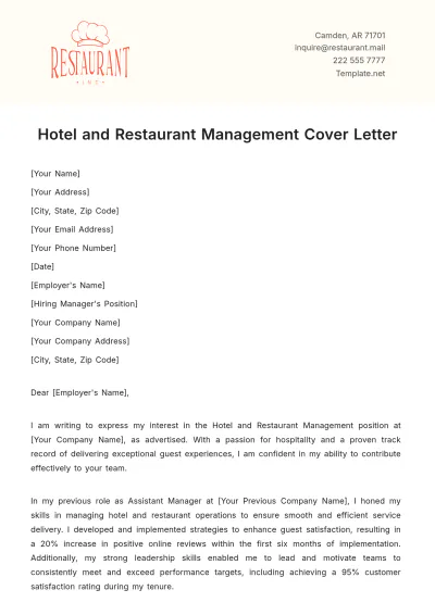 Free Hotel And Restaurant Management Cover Letter Template to Edit Online