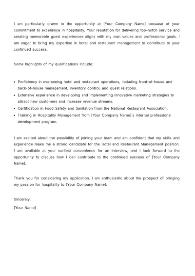 Free Hotel And Restaurant Management Cover Letter Template to Edit Online