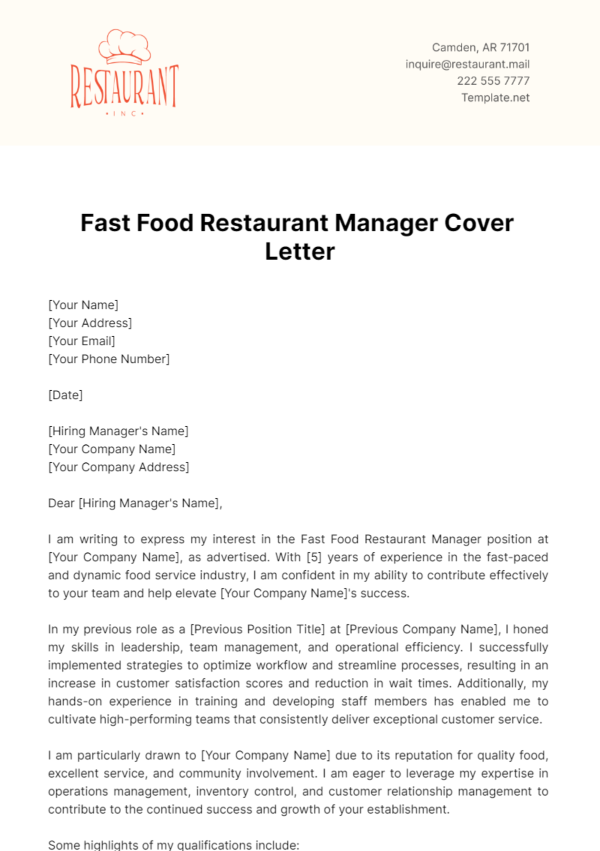 Fast Food Restaurant Manager Cover Letter Template - Edit Online & Download