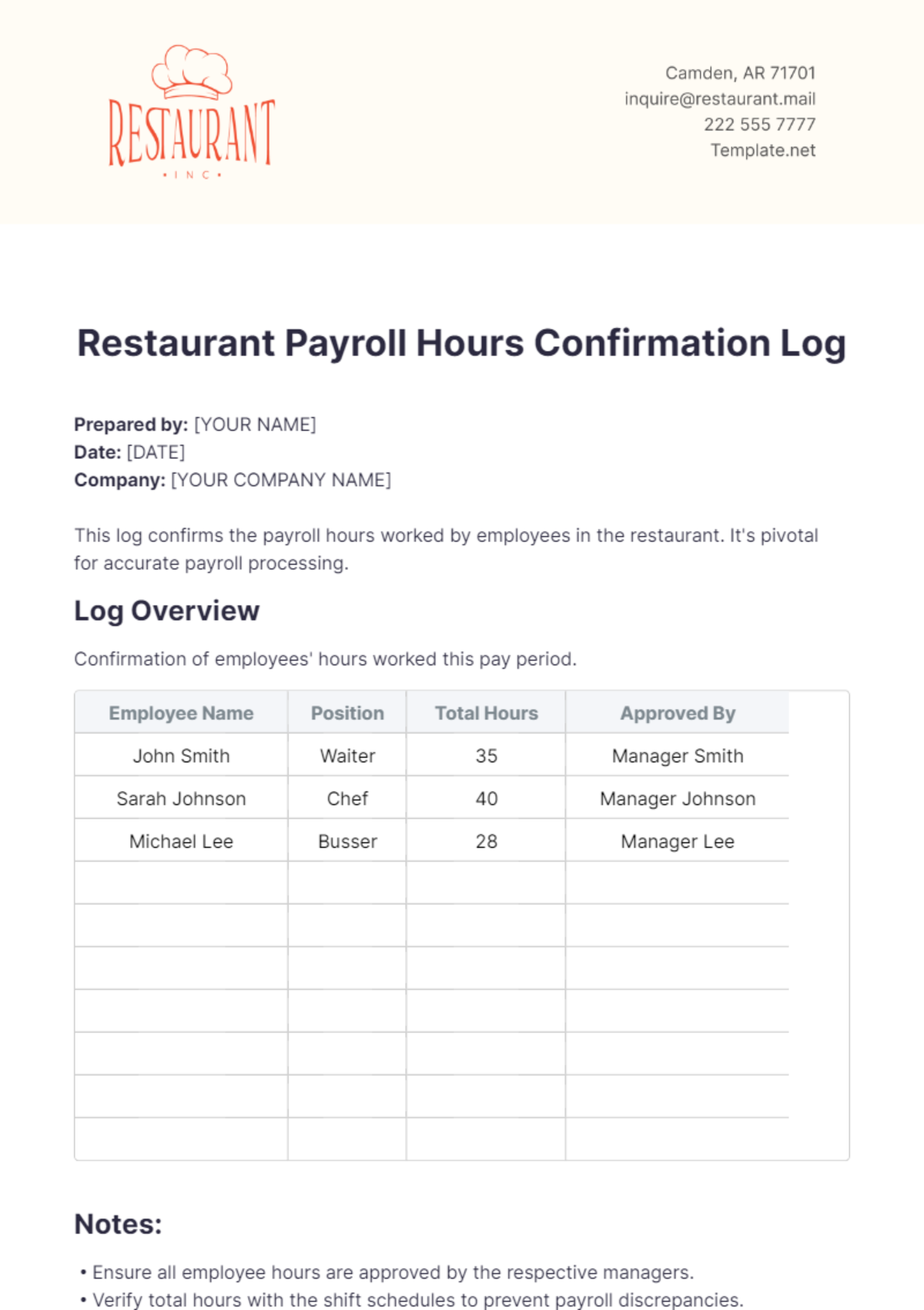 Restaurant Payroll Hours Confirmation Log Template - Edit Online & Download