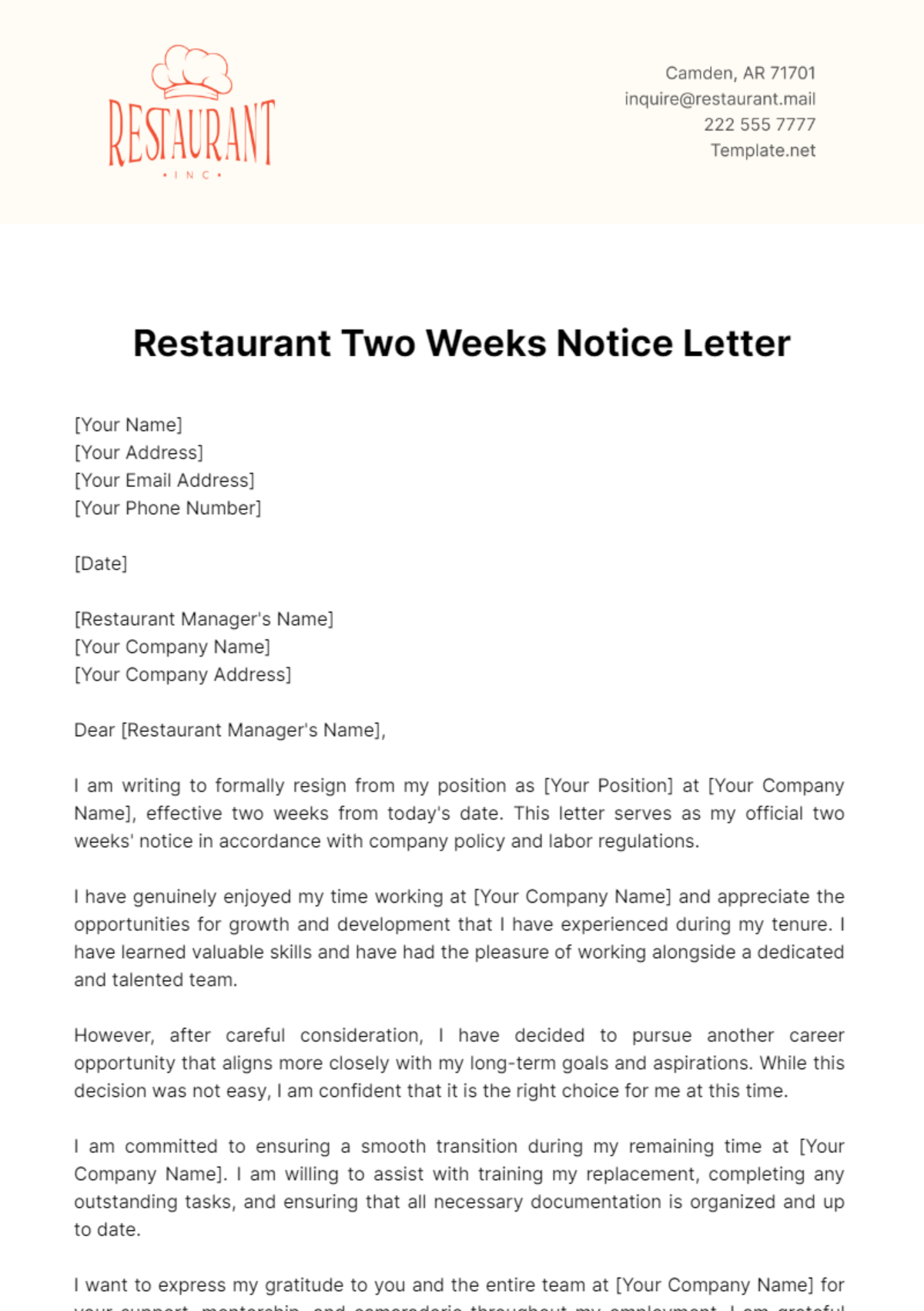 Restaurant Two Weeks Notice Letter Template - Edit Online & Download