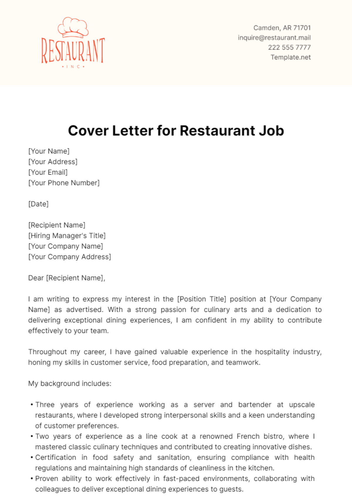 Cover Letter For Restaurant Job Template - Edit Online & Download