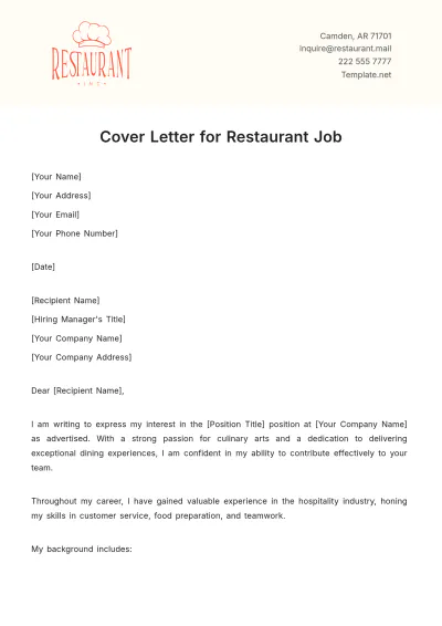 Free Cover Letter For Restaurant Job Template to Edit Online