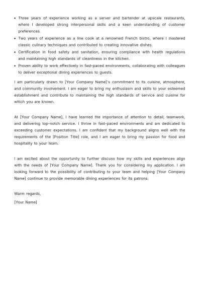 Free Cover Letter For Restaurant Job Template to Edit Online