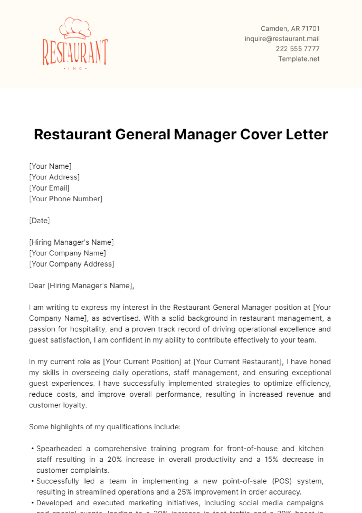 Restaurant General Manager Cover Letter Template - Edit Online & Download