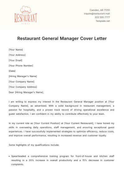Free Restaurant General Manager Cover Letter Template to Edit Online