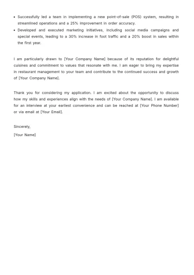 Free Restaurant General Manager Cover Letter Template to Edit Online