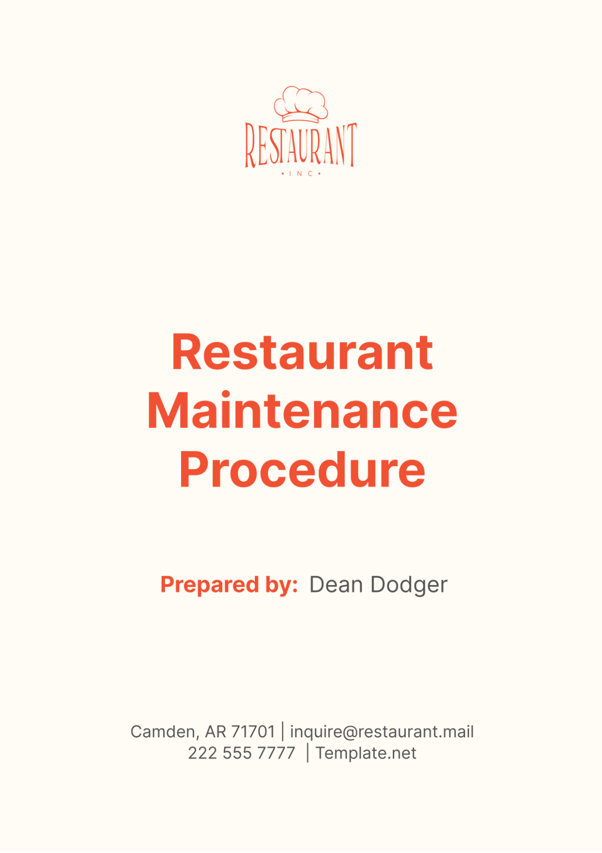Restaurant Maintenance Procedure Template