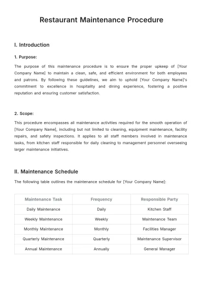 Free Restaurant Maintenance Procedure Template to Edit Online