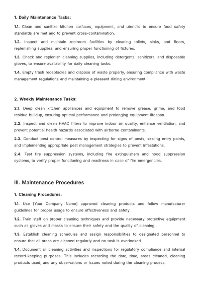 Free Restaurant Maintenance Procedure Template to Edit Online