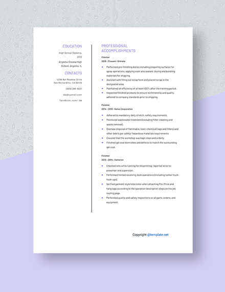 Finisher Resume Template - Google Docs, Word, Apple Pages | Template.net