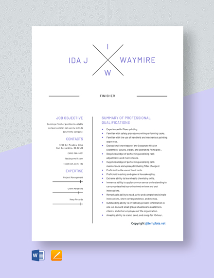 Free Finisher Resume Template - Word | Pages | Template.net