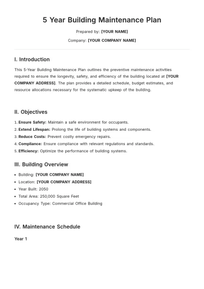 Free 5 Year Building Maintenance Plan Template to Edit Online