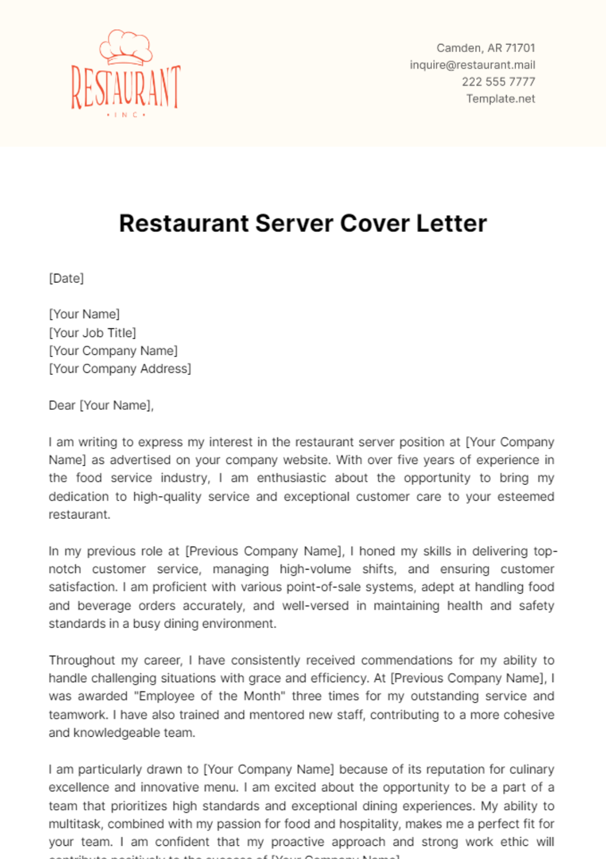 Restaurant Server Cover Letter Template - Edit Online & Download