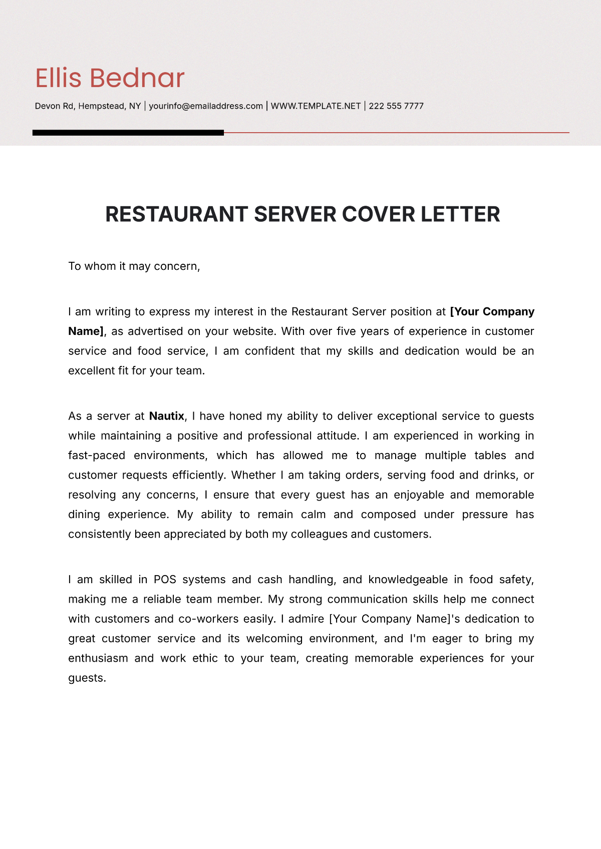 Restaurant Server Cover Letter Template - Edit Online & Download