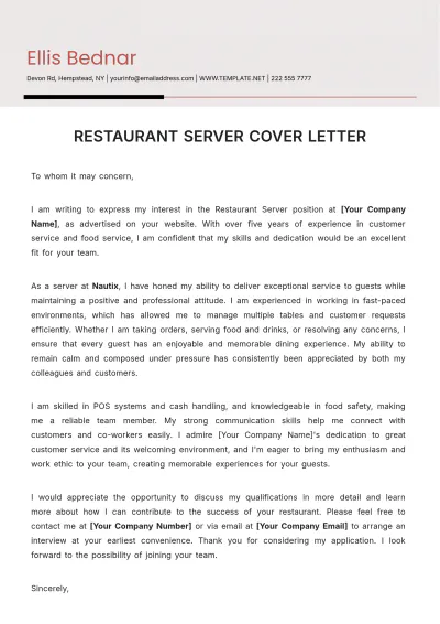 Free Restaurant Server Cover Letter Template to Edit Online
