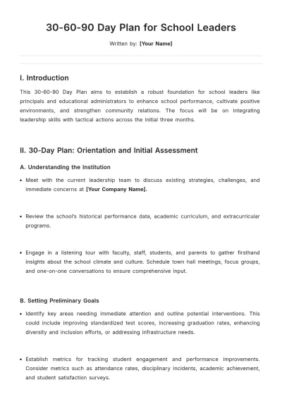 Free 30-60-90 Day Plan For School Leaders Template to Edit Online