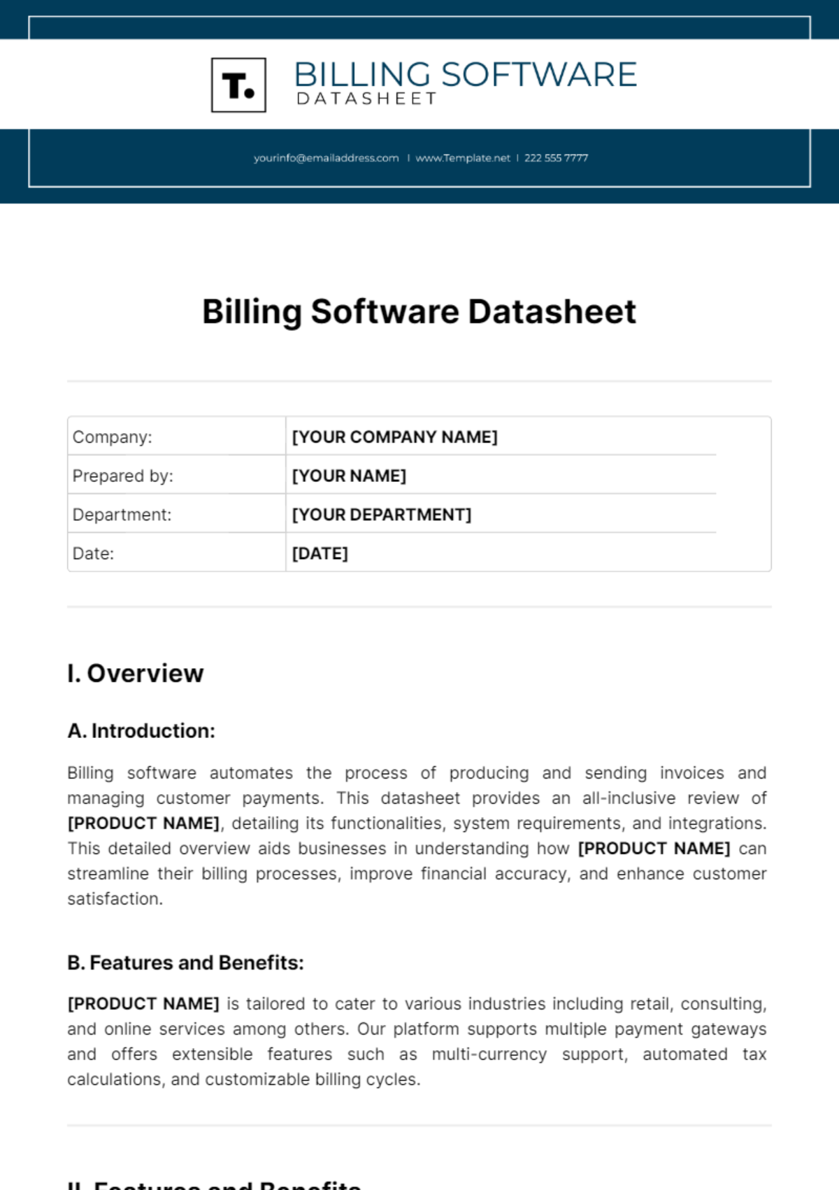 Billing Software Datasheet Template - Edit Online & Download