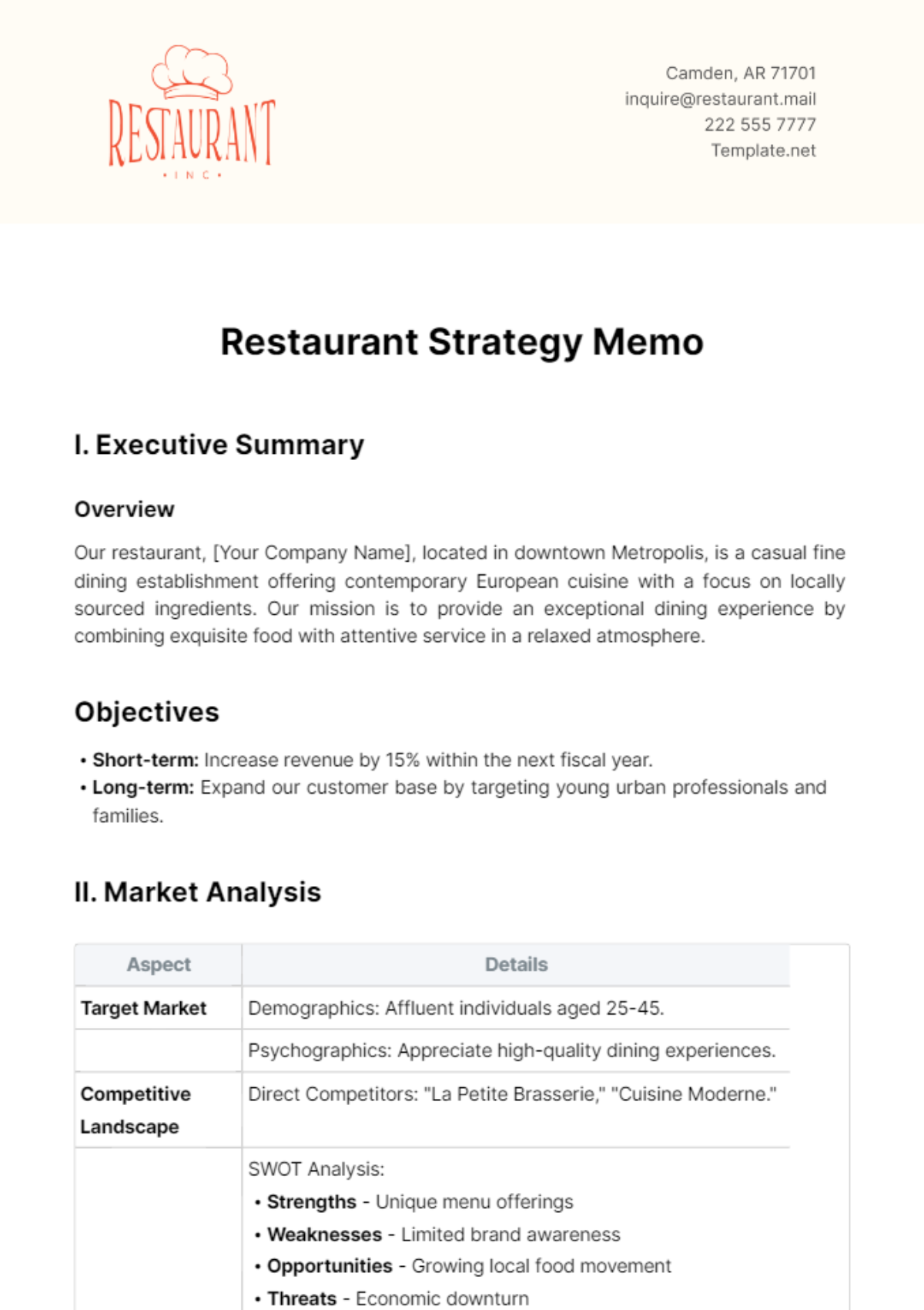 Restaurant Strategy Memo Template - Edit Online & Download