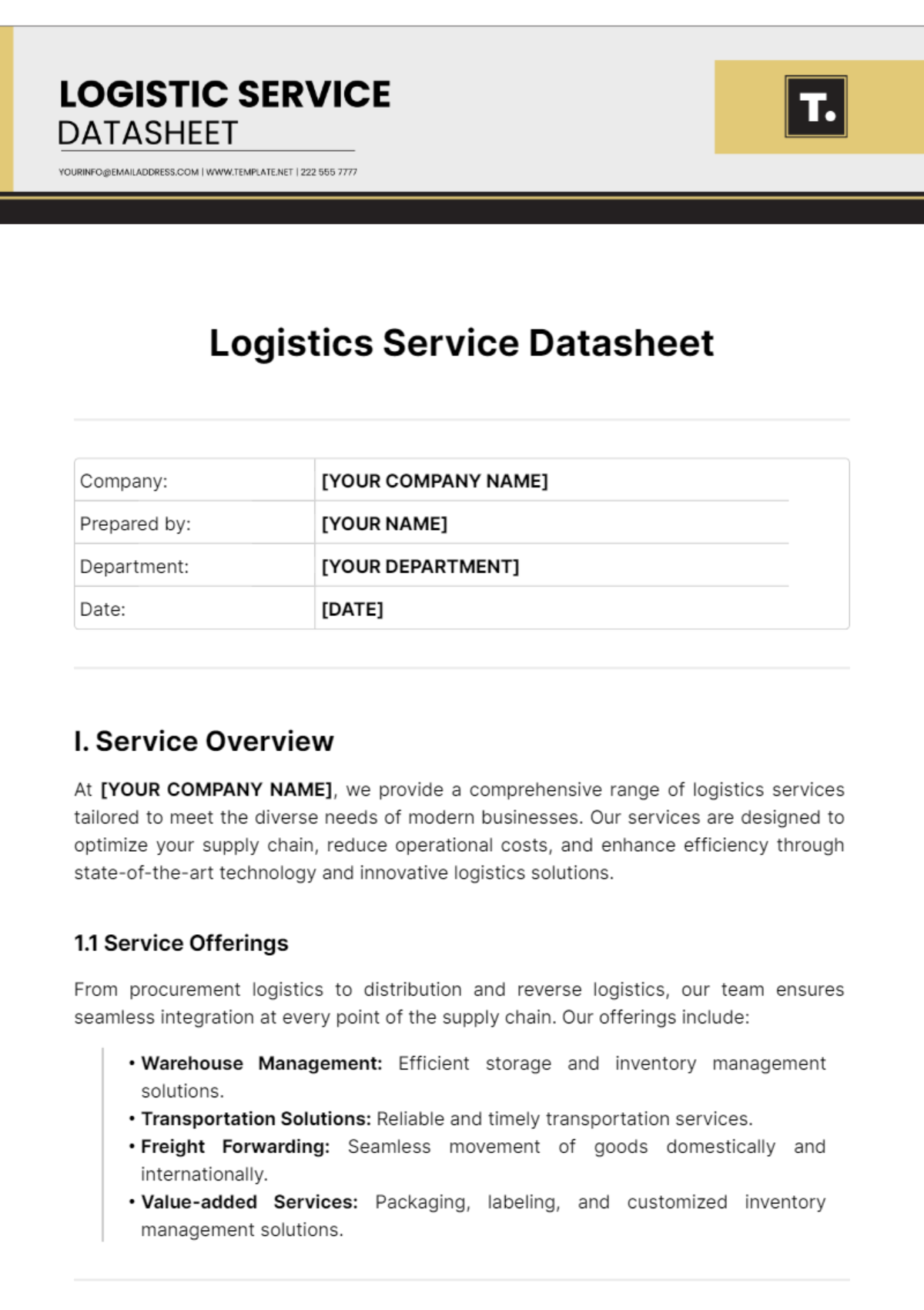 Logistics Service Datasheet Template - Edit Online & Download