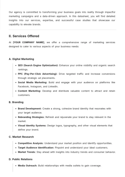 Free Marketing Agency Datasheet Template to Edit Online