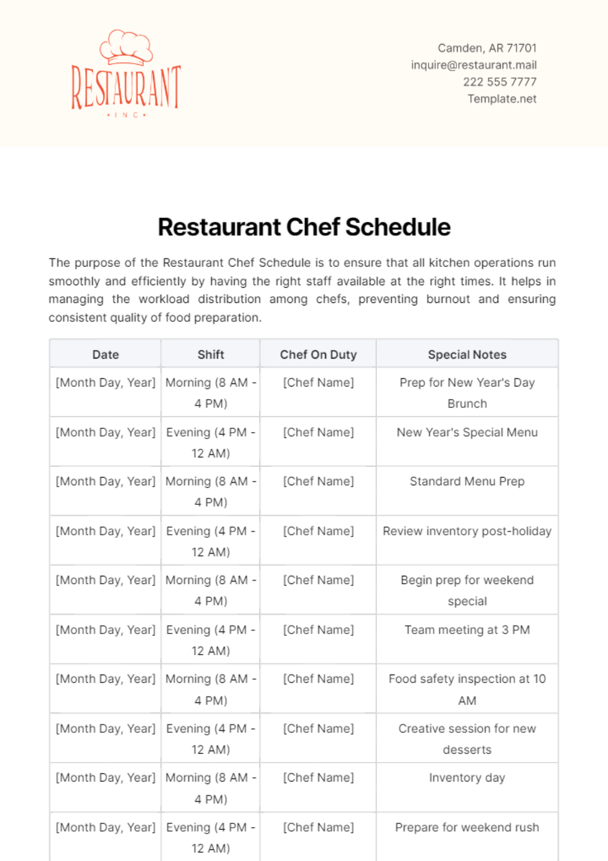 Restaurant Chef Schedule Template - Edit Online & Download