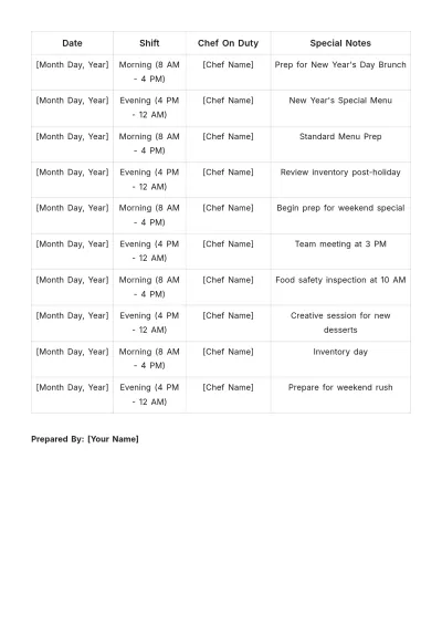Free Restaurant Chef Schedule Template to Edit Online