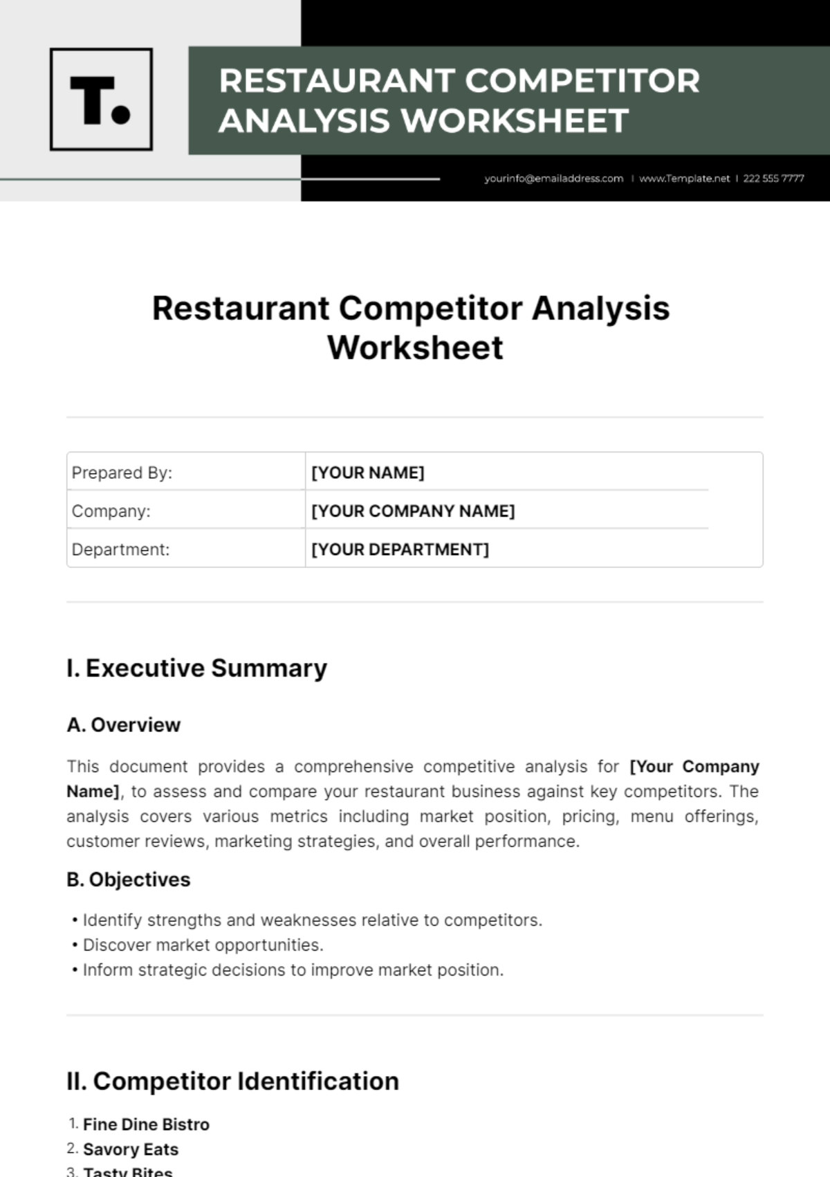 Restaurant Competitor Analysis Worksheet Template