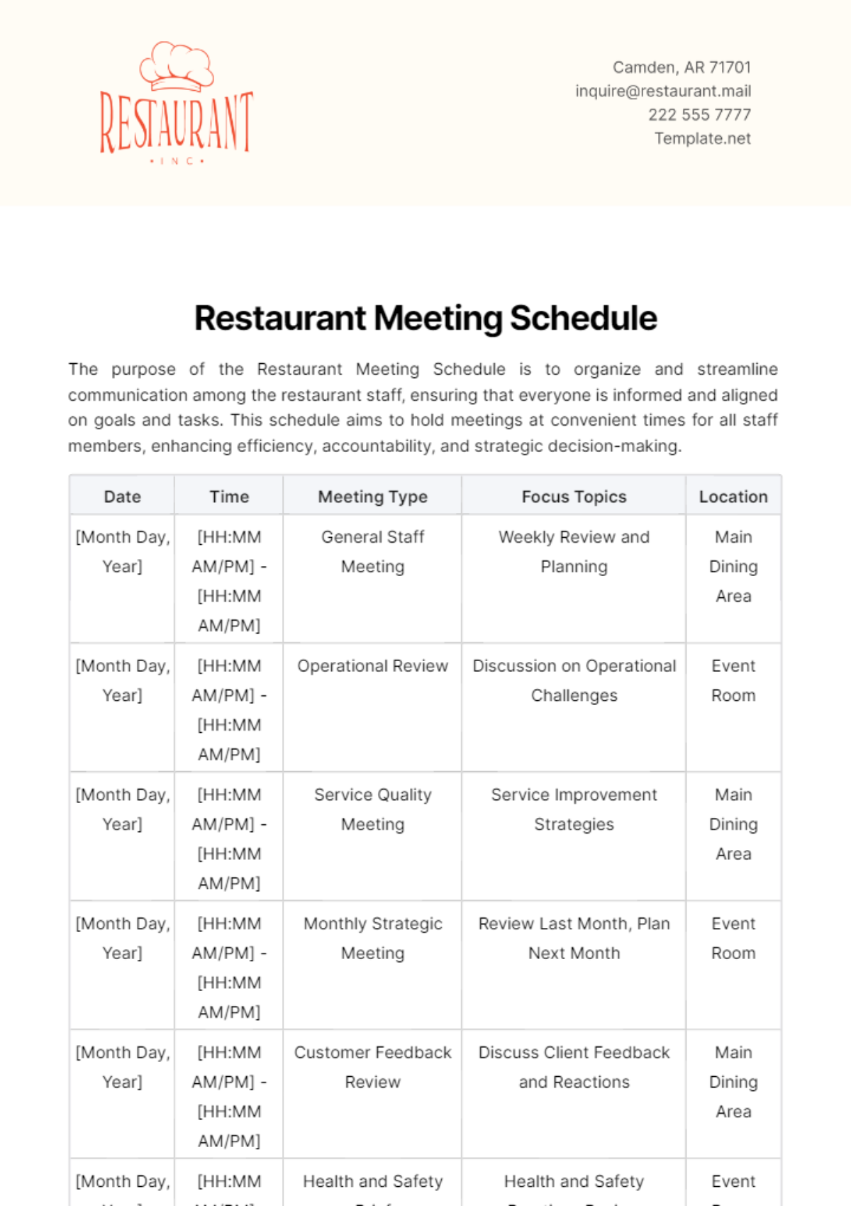 Restaurant Meeting Schedule Template - Edit Online & Download