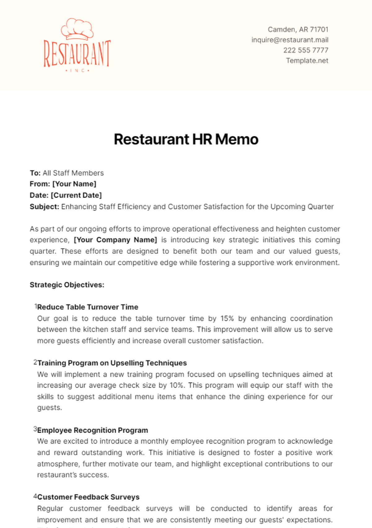 Restaurant HR Memo Template - Edit Online & Download