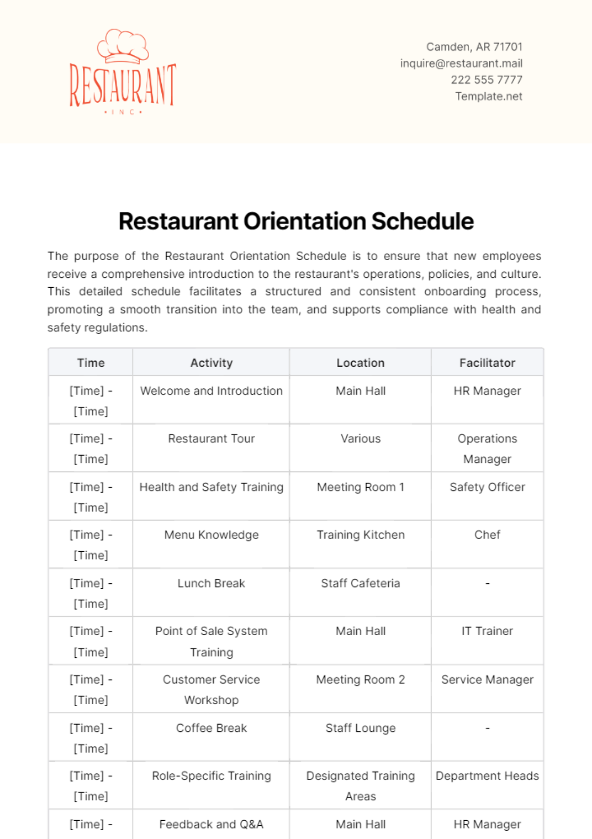 Restaurant Orientation Schedule Template - Edit Online & Download