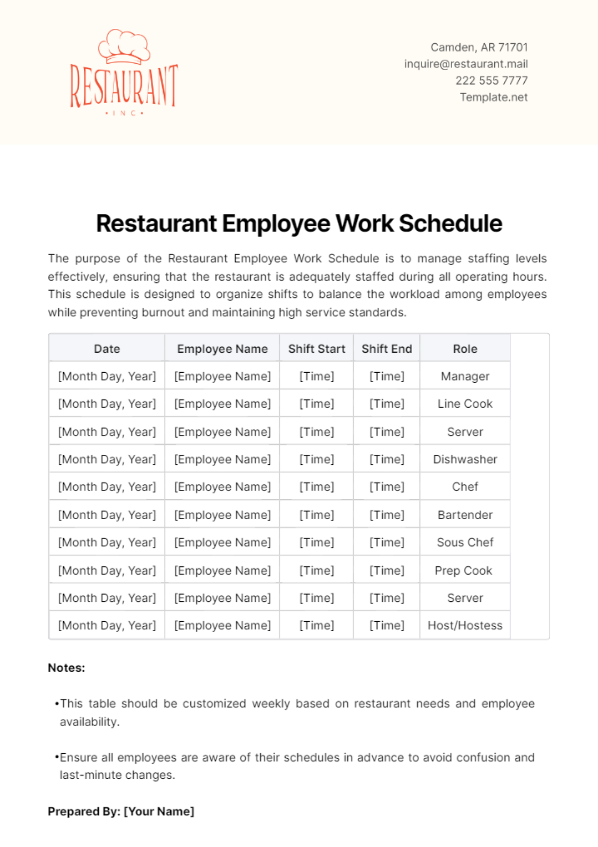 Restaurant Employee Work Schedule Template - Edit Online & Download