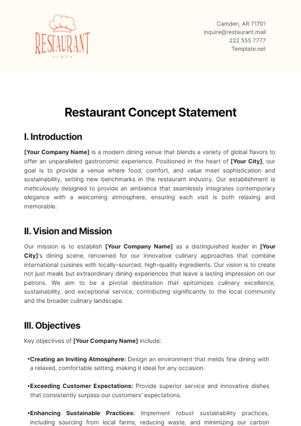 Restaurant Concept Statement Template - Edit Online & Download