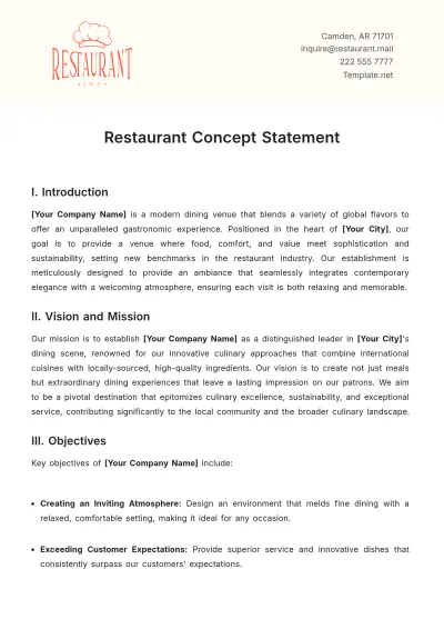 Free Restaurant Concept Statement Template to Edit Online