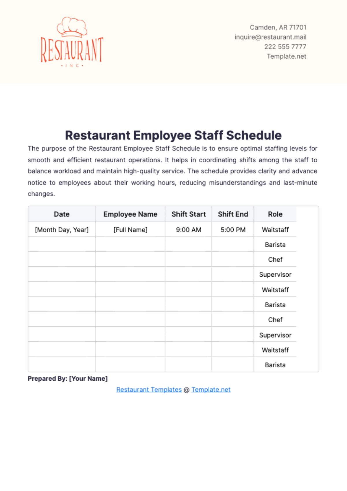 Restaurant Employee Staff Schedule Template - Edit Online & Download