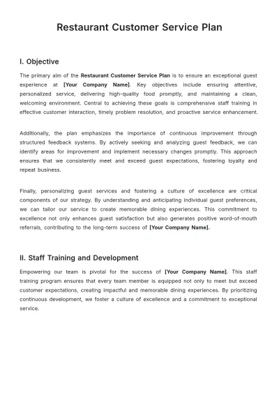 Free Restaurant Customer Service Plan Template to Edit Online