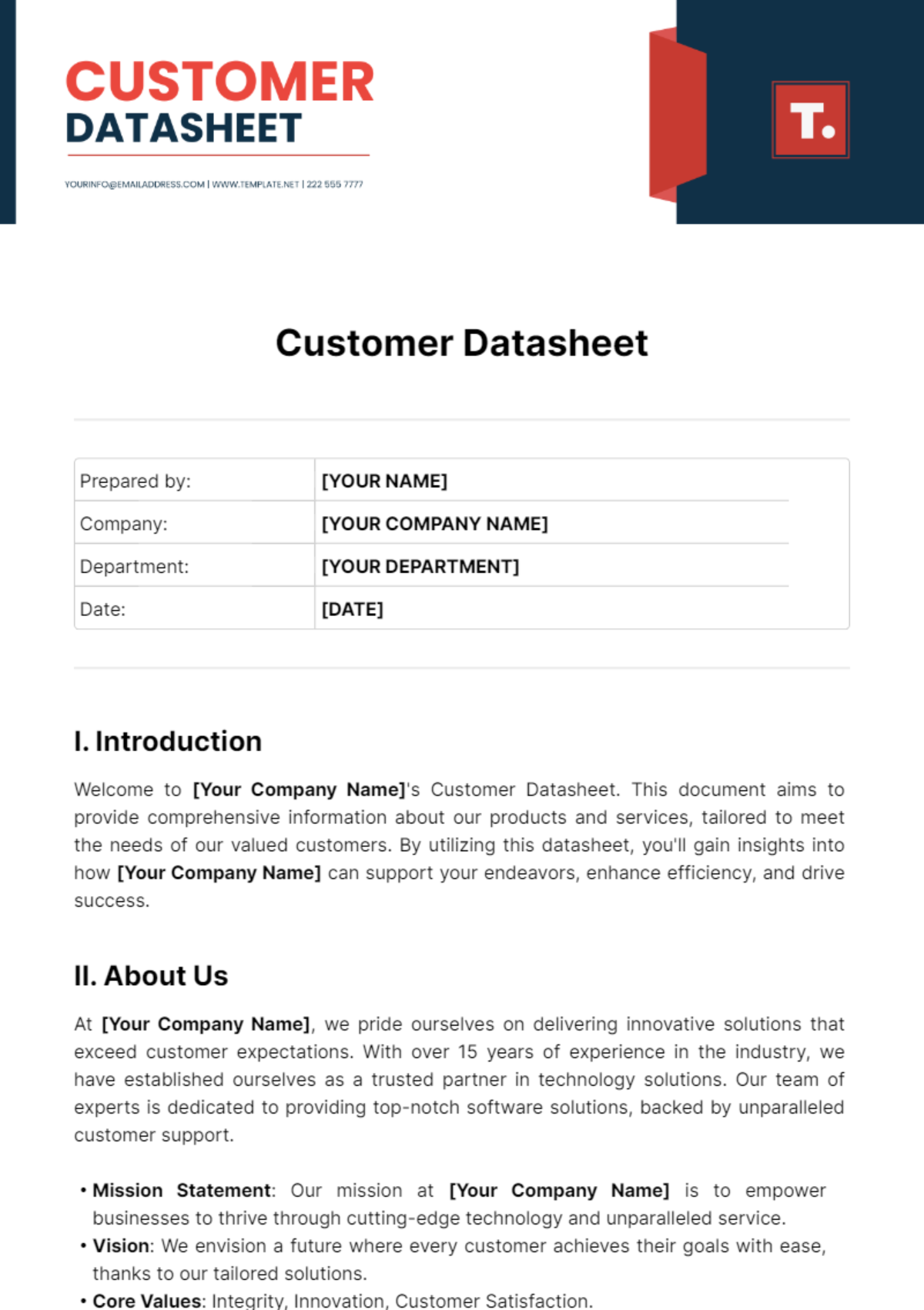 Customer Datasheet Template - Edit Online & Download