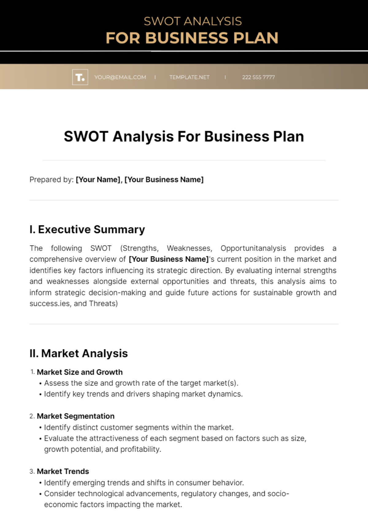 SWOT Analysis For Business Plan Template - Edit Online & Download