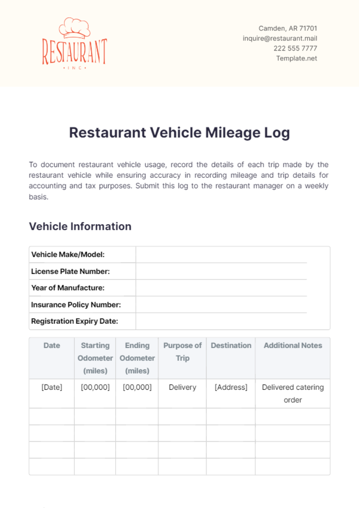 Restaurant Vehicle Mileage Log Template - Edit Online & Download