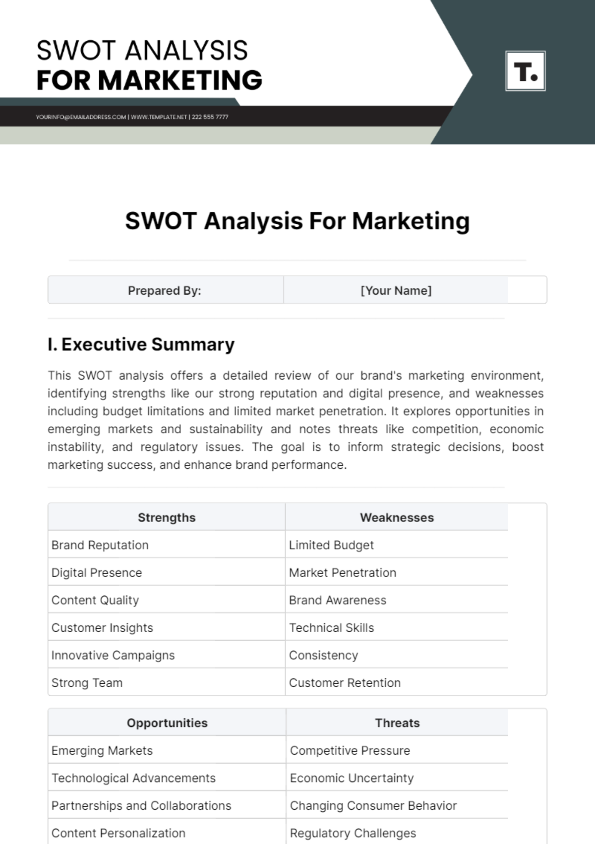 SWOT Analysis For Marketing Template - Edit Online & Download