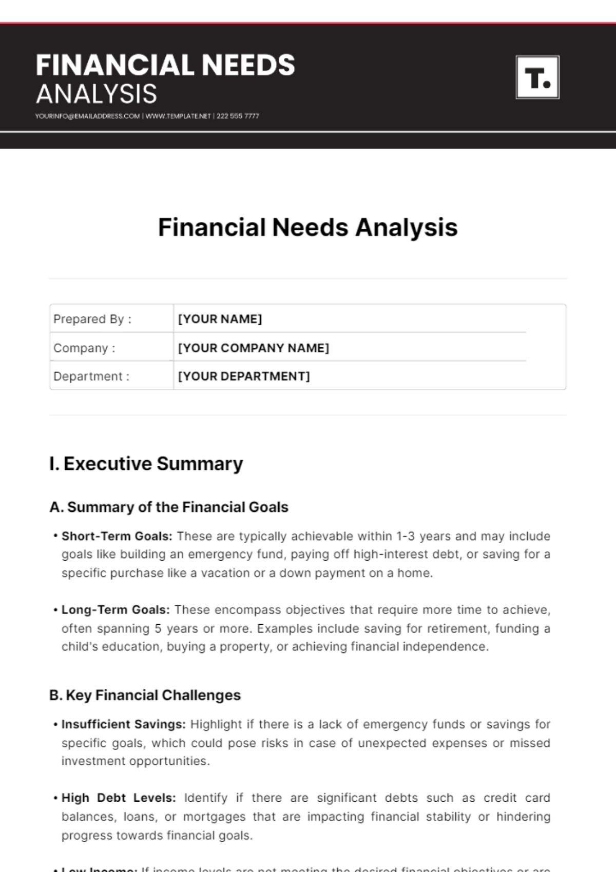 Financial Needs Analysis Template