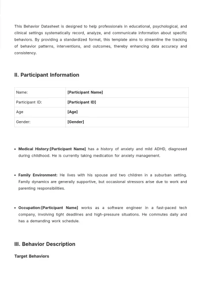 Free Behavior Datasheet Template to Edit Online