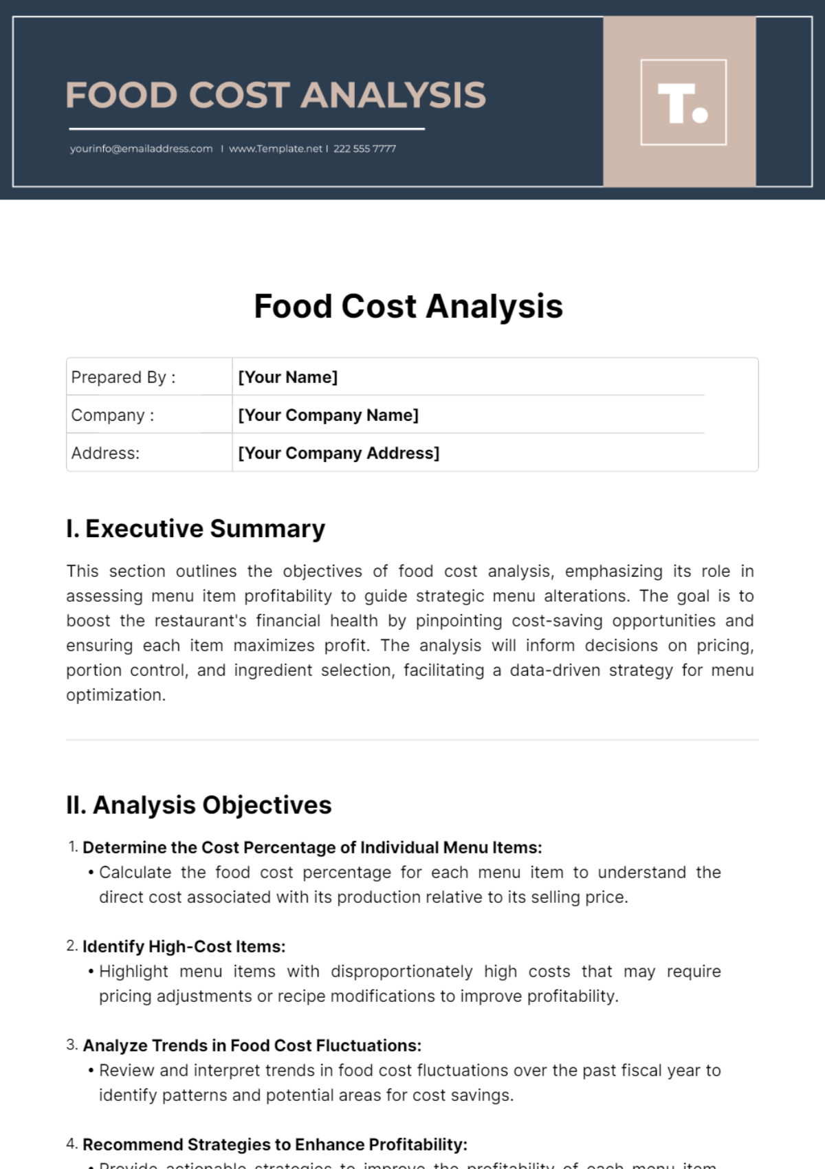 Food Cost Analysis Template
