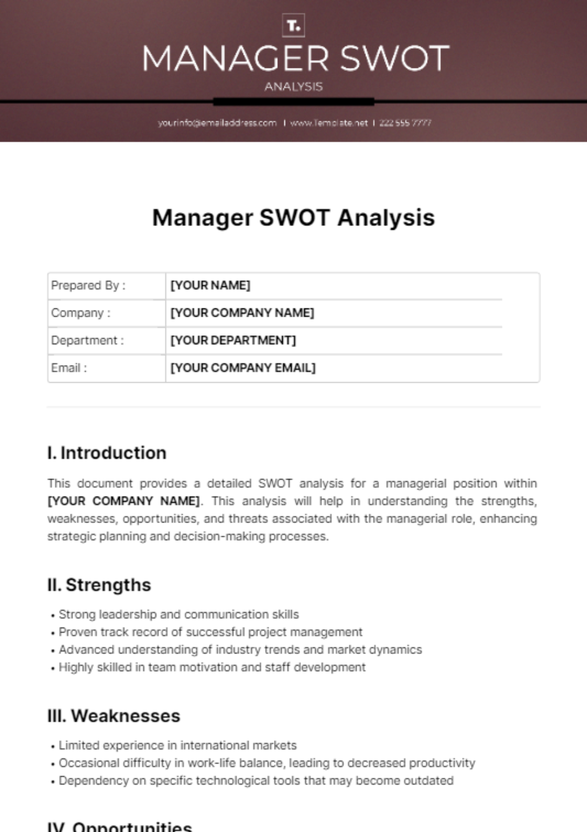 Manager SWOT Analysis Template - Edit Online & Download