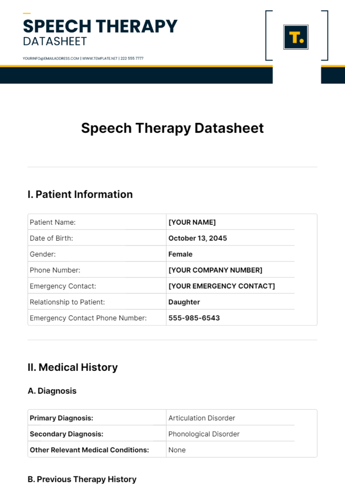 Speech Therapy Datasheet Template - Edit Online & Download