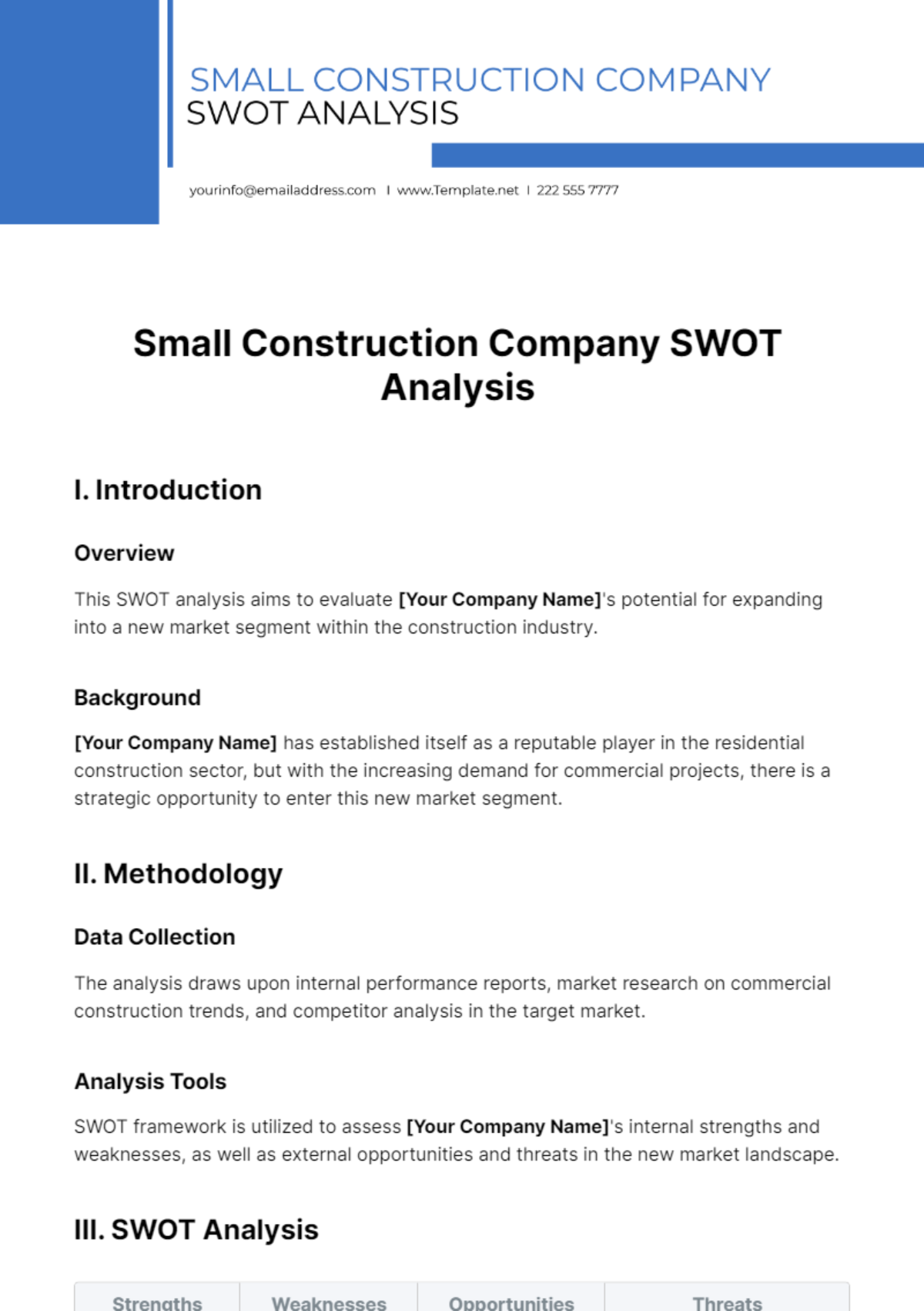 Small Construction Company SWOT Analysis Template - Edit Online & Download