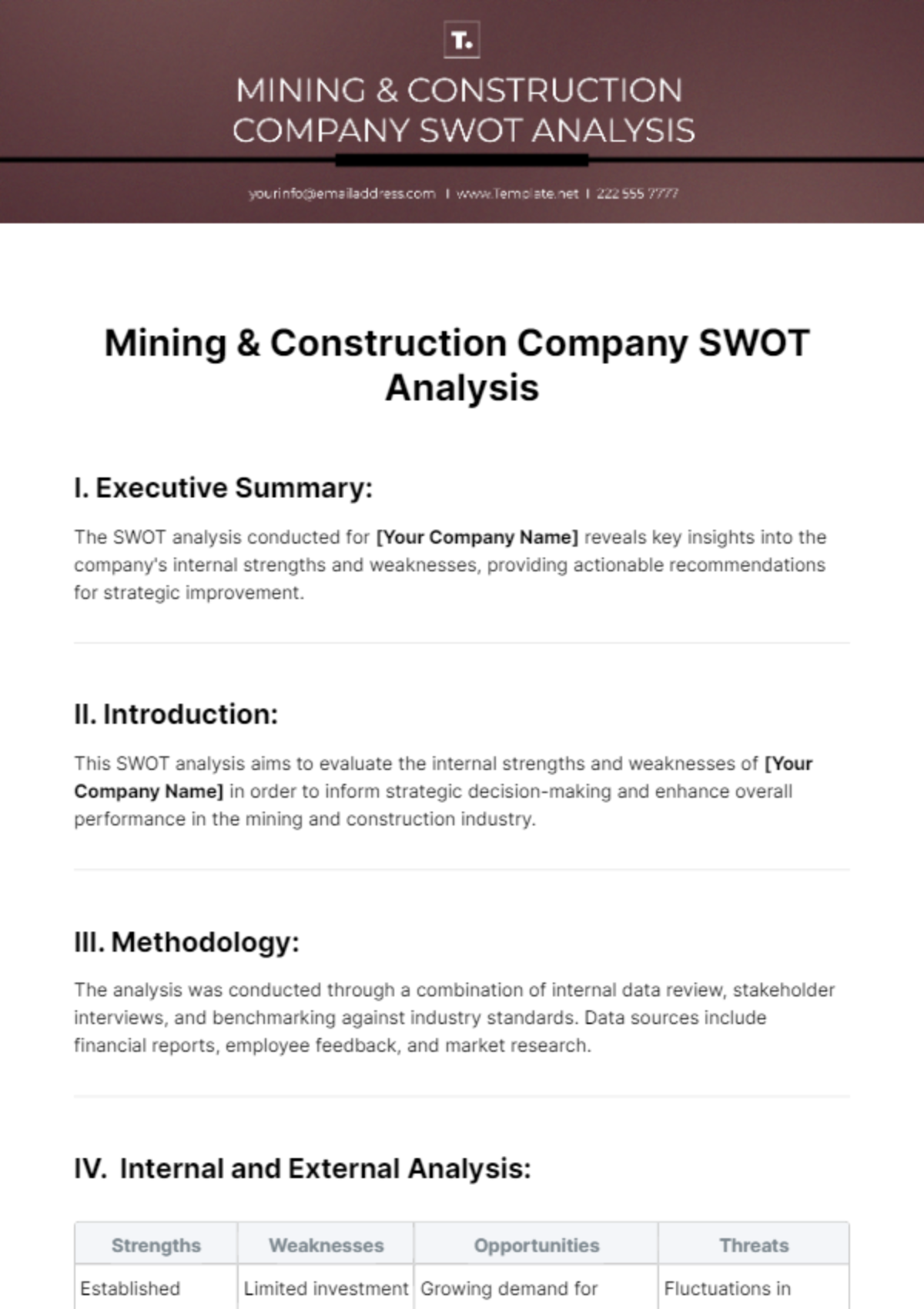 Mining & Construction Company SWOT Analysis Template - Edit Online & Download