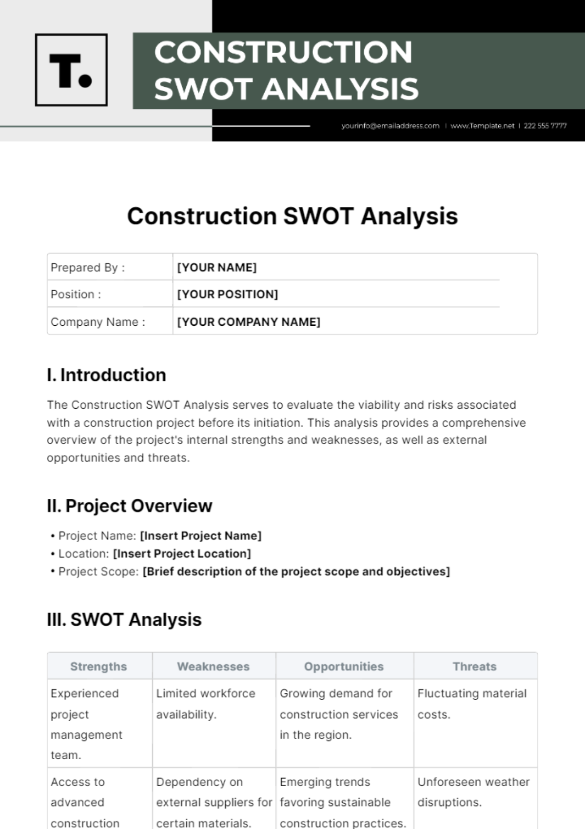 Construction SWOT Analysis Template - Edit Online & Download