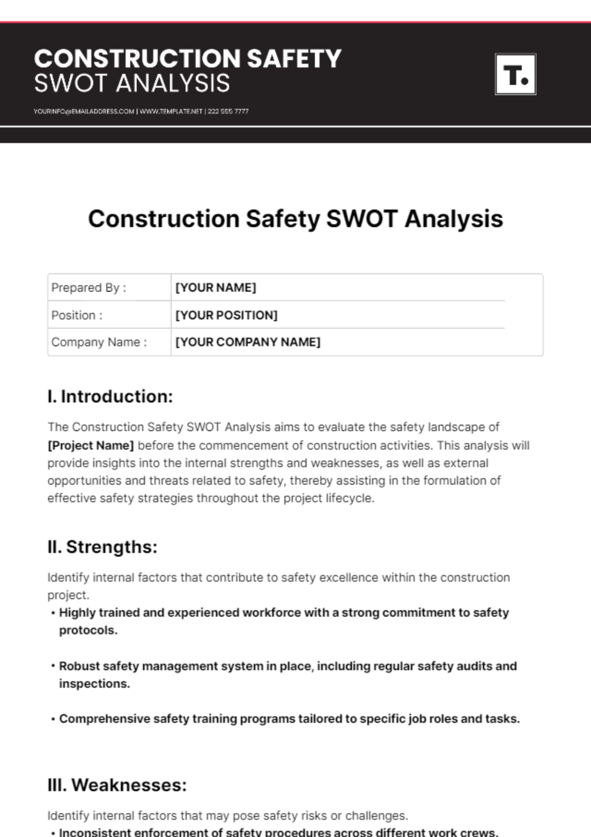 Construction Safety SWOT Analysis Template - Edit Online & Download